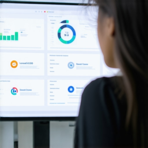 Person analyzing local SEO metrics on a digital screen with AI and semantic search themes.