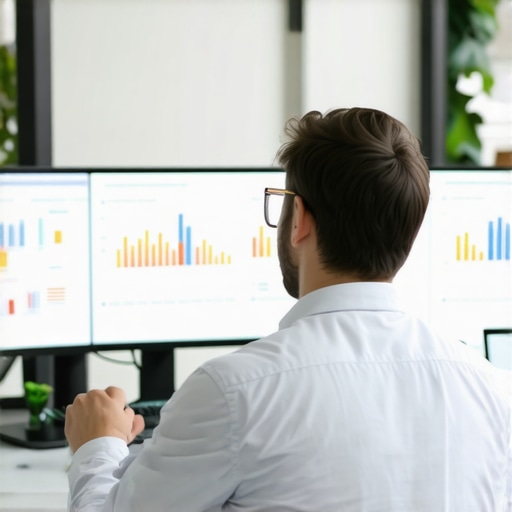 Marketing analyst reviewing local SEO data on screens in a modern office