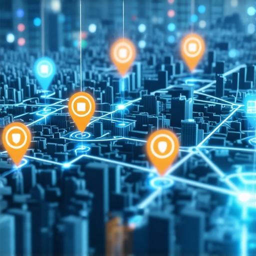 A futuristic digital map with highlighted local business rankings and AI signals.