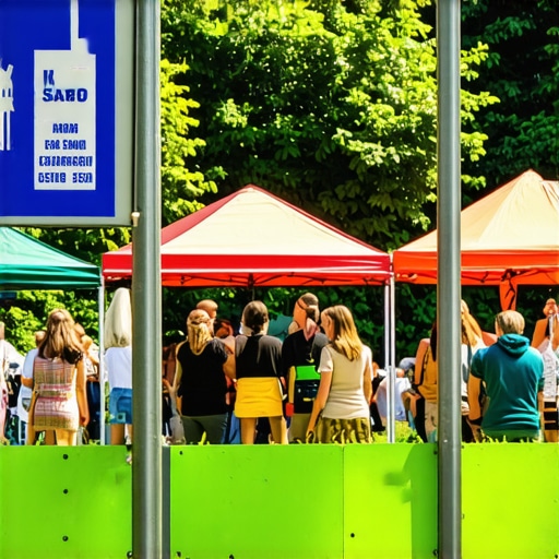 Community event with local landmarks and business signs