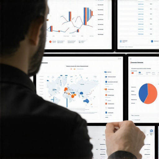AI-driven Local SEO Analytics SEO analyst analyzing local search data on multiple screens with maps and graphs