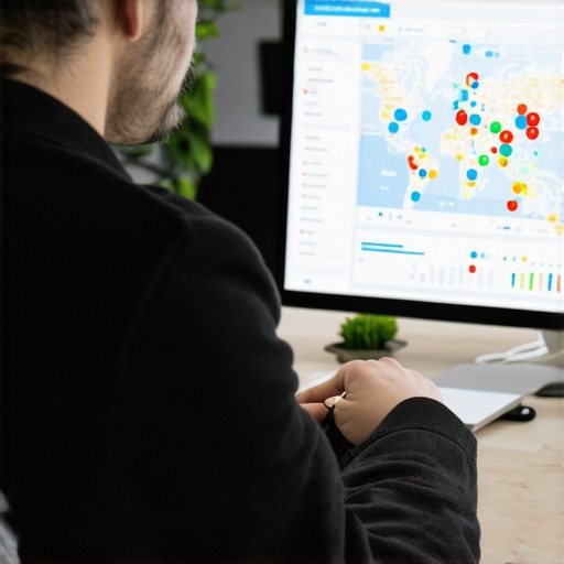 Advanced Local SEO Strategies 2024 Business owner analyzing local SEO metrics with maps and data visualization