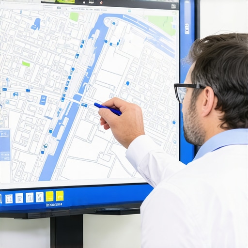 Expert analyzing digital maps and GPS data on a computer screen.
