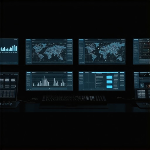 AI-Driven Local Search Analytics Futuristic control room with screens displaying local SEO analytics and predictive search trends.