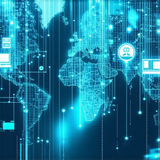 AI-Driven Local Search Optimization A high-tech map with AI icons illustrating data analysis for local SEO