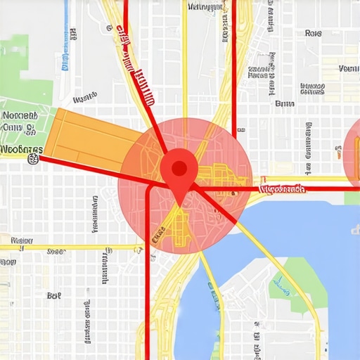AI Geospatial Analysis in Action Futuristic city map with AI data layers highlighting local search zones.