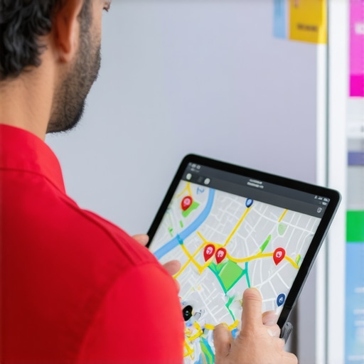 Advanced Local SEO Strategy in Action Business owner reviewing digital maps with community surroundings.
