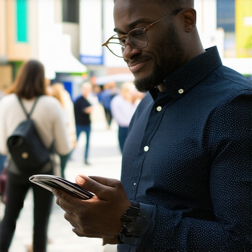 Community Engagement as a Local Signal Business owner participating in a local event with digital devices, illustrating community involvement