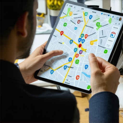 Businessman reviewing digital local maps with analytics data