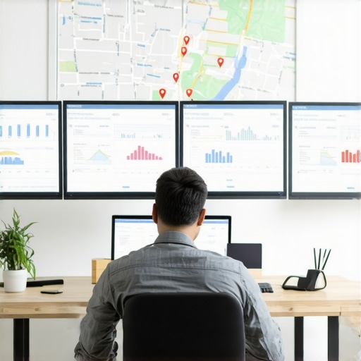 Data-Driven Optimization in Local SEO Person analyzing local SEO metrics on multiple screens with maps and analytics