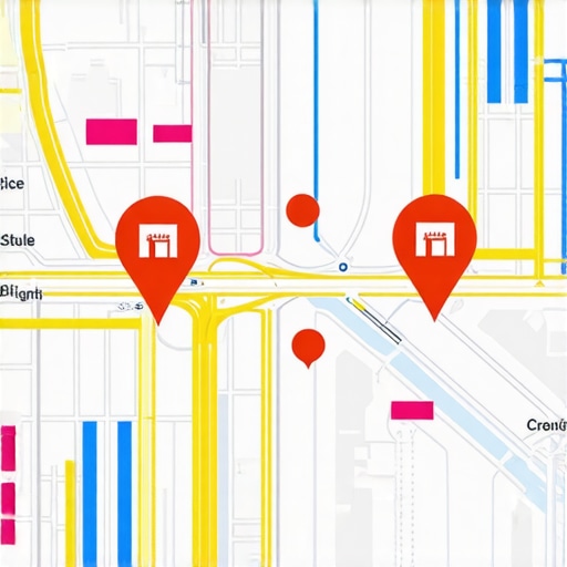 Digital map with icons and AI signals representing future local search optimization tactics.