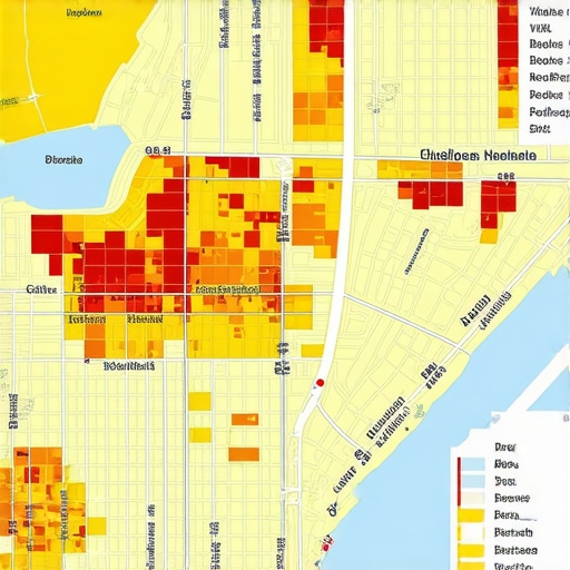 Geospatial Heatmap for Local SEO City map with heatmap overlays indicating high-search zones