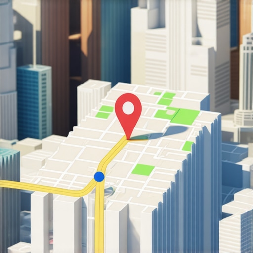 Illustration of a futuristic city map highlighting advanced AI-based local search technology