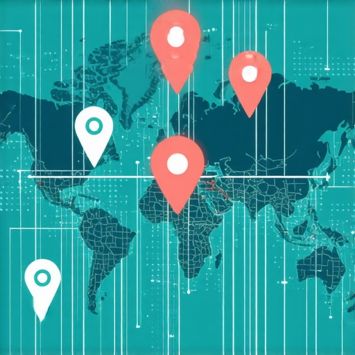 Advanced Local SEO Data Integration A digital map displaying layered hyper-local data, augmented reality icons, and proximity indicators.