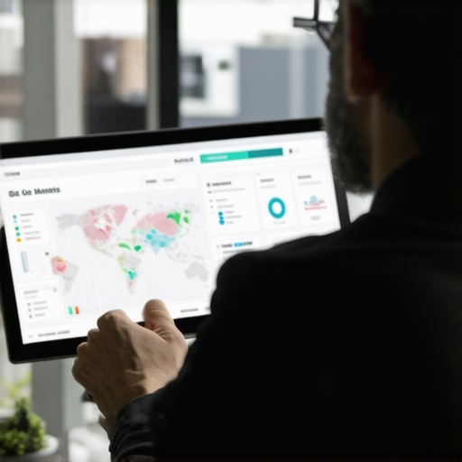 Analyzing Local SEO Data and User Engagement Metrics Business owner analyzing local SEO analytics with map and graph visuals.