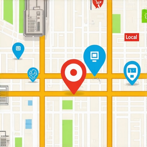 Futuristic city map with AR overlays showcasing local businesses and augmented reality elements.