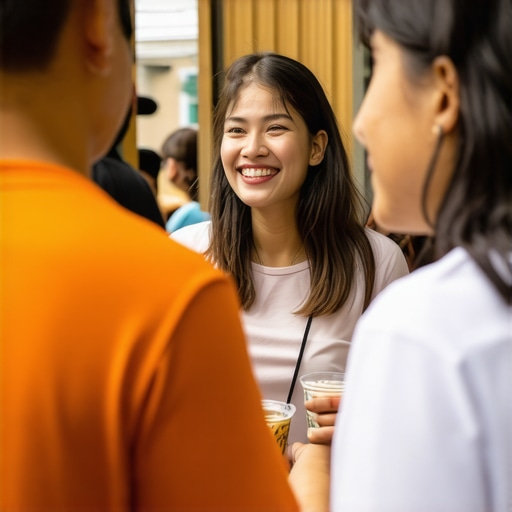 Business owner interacting with community members at a local event, highlighting community involvement