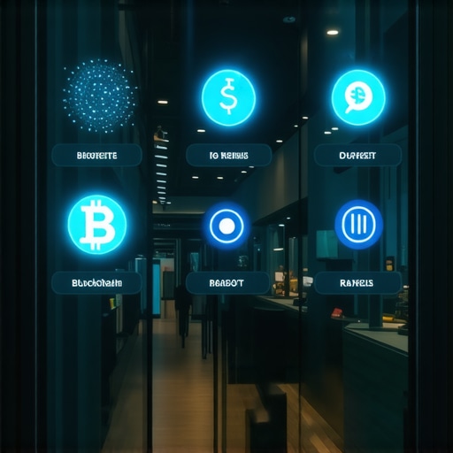 A high-tech storefront using augmented reality and blockchain for enhanced local signals.