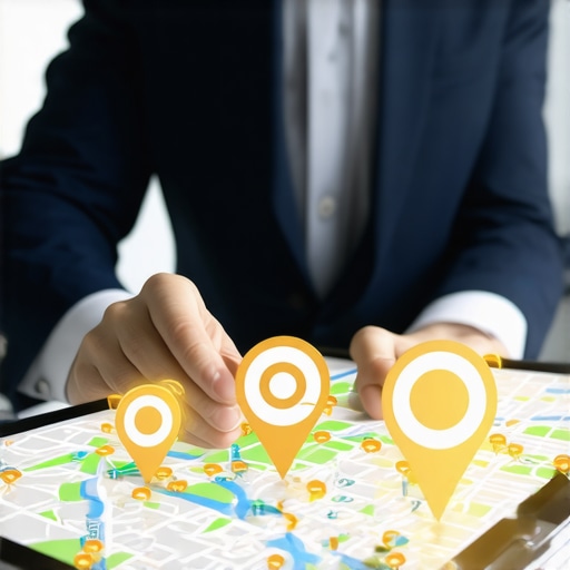 Harnessing Geofencing for Local SEO Businessman interacting with digital map on tablet highlighting geofencing concepts.