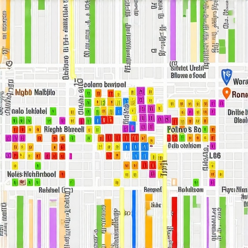 Illustration of a neighborhood map highlighting data integration and social signals