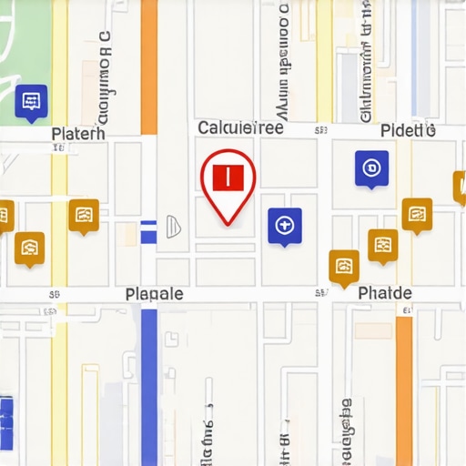 A digital map showing various local businesses with analytics overlays.