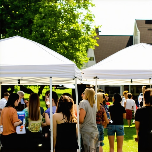 A bustling neighborhood park with local businesses hosting stalls at a community event.