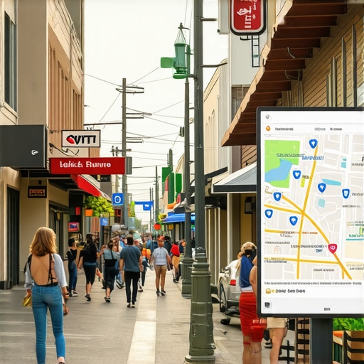 Local Neighborhood Engagement Map Community members interacting with local businesses and digital maps in a neighborhood