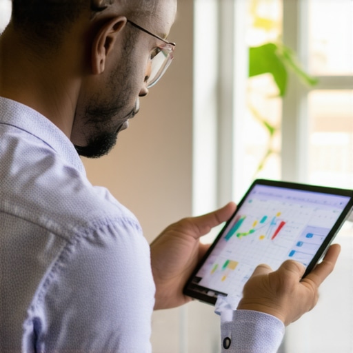 Business owner reviewing local search analytics on tablet with maps and data charts