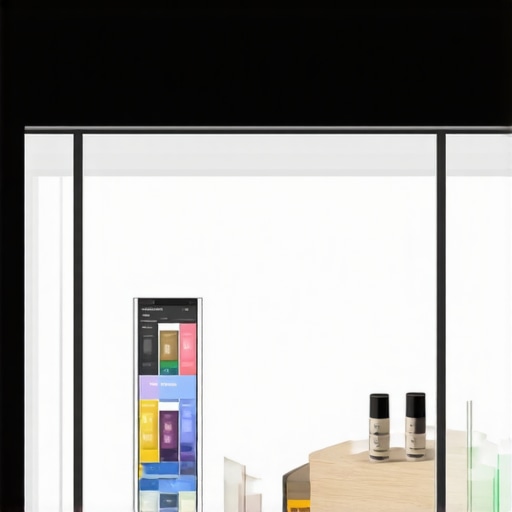 A futuristic store with AI-driven digital displays showing inventory and customer interactions.