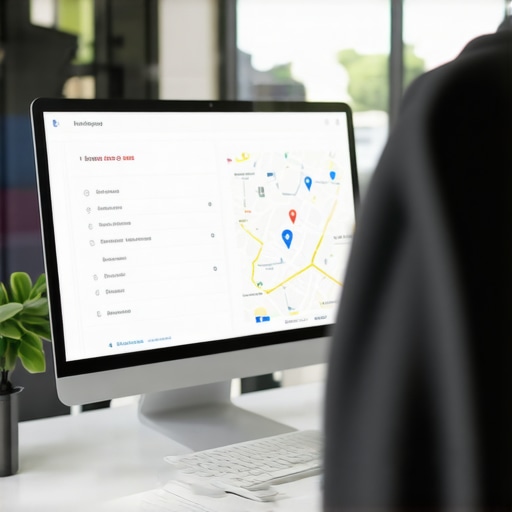 Business owner working on local SEO strategies using AI tools in a high-tech office environment