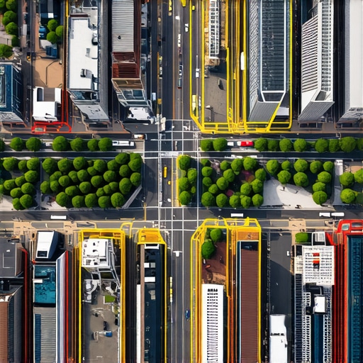 Urban Geospatial Data Visualization for Local SEO A detailed city map with overlays indicating foot traffic hotspots and landmarks for local search optimization.