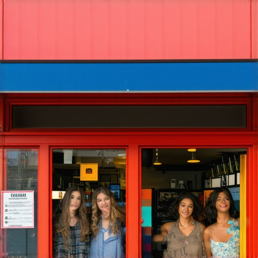 Crowd of people interacting near storefront, illustrating neighborhood engagement with a lively atmosphere.