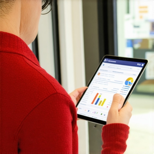 Business owner reviewing local search performance metrics on a tablet at storefront