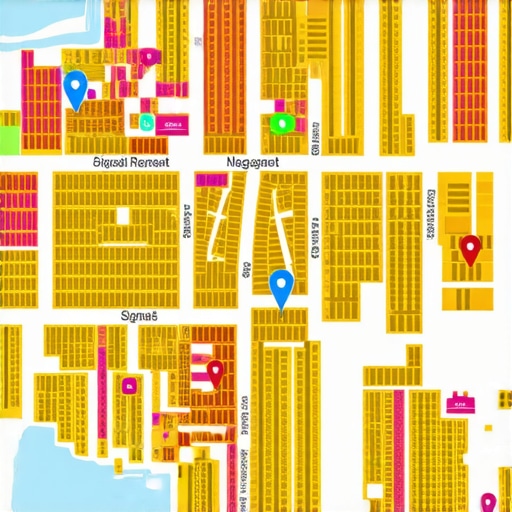 City map with highlighted neighborhoods and icons representing local engagement and relevance signals.