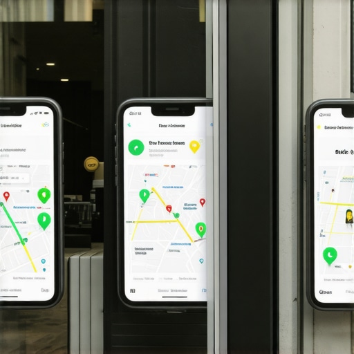 A storefront with AR signage and digital map signals in a city
