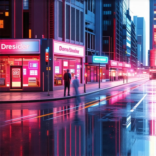 A visualization of augmented reality storefronts and biometric verification icons integrated into city streets.