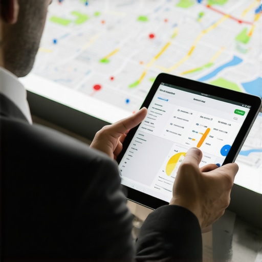 Business owner using tablet to study foot traffic analytics in urban environment.