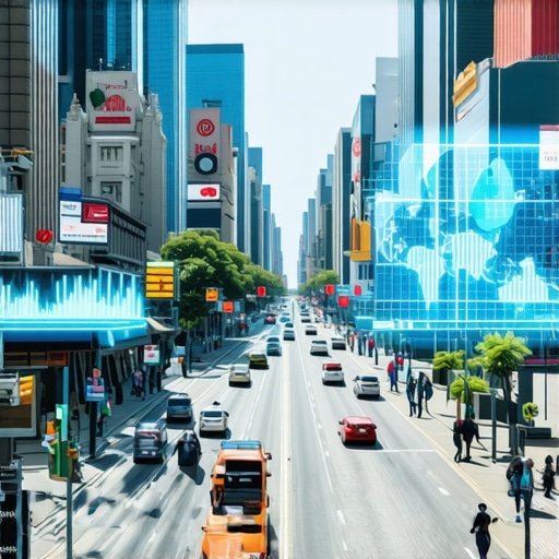 Augmented Reality Business Mapping Futuristic city scene with AR overlays displaying local business data and foot traffic patterns