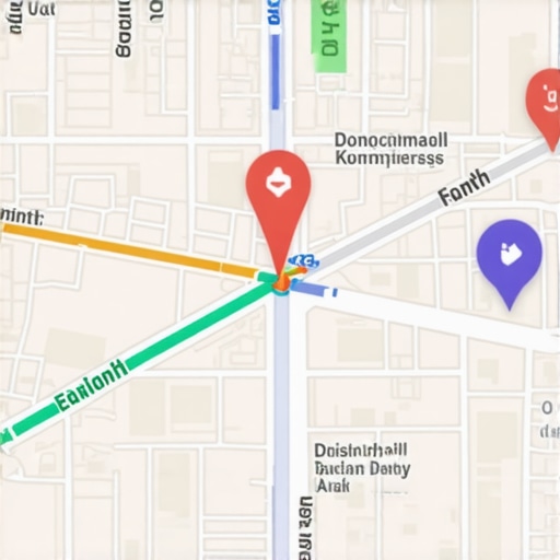 Futuristic digital map with AR overlays displaying local business info in a cityscape.