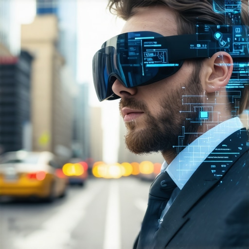 Man interacting with AR data overlays in a bustling city environment.