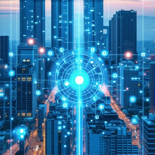 Future of Spatial Data in Local Ranking A high-tech city map illustrating AI spatial analytics and environment sensors