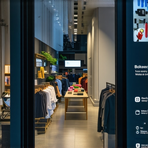 Storefront with augmented reality signage and voice interaction features.