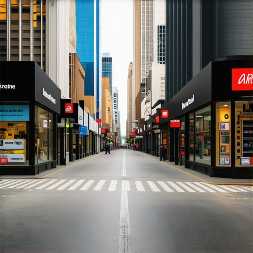 Cityscape with augmented reality storefront overlays and spatial analysis visuals.