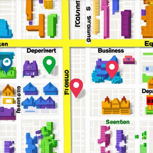 Illustration of a neighborhood digital map showing business locations and digital interaction icons.