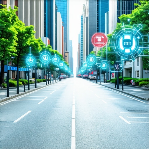 City street with digital data overlays demonstrating IoT sensors and neural mapping effects.