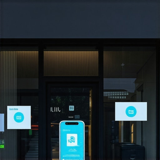 A futuristic storefront with augmented reality displays and biometric sensors enhancing local visibility.