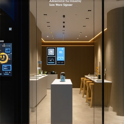 Futuristic storefront with biometric sensors, virtual signage, and immersive AR to demonstrate advanced local SEO techniques.