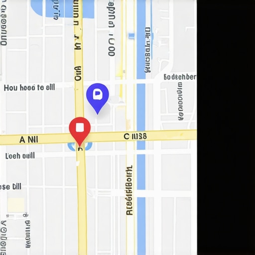 Augmented reality map overlay displaying nearby business locations with interactive elements.