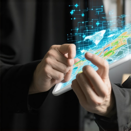 Business owner reviewing digital maps SEO analytics with holographic interfaces.