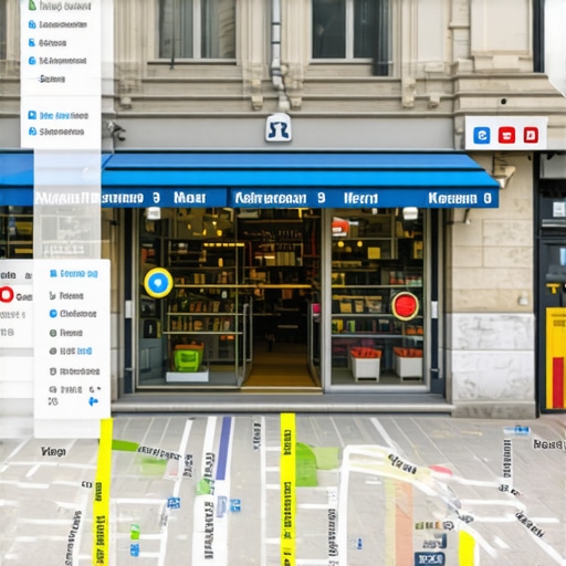 Futuristic AR-enhanced digital map showing storefronts with geospatial data layers.